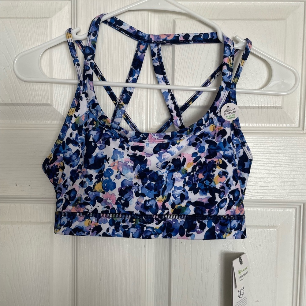 NWT GAIAM Women's XS Floral Blue Strappy Sports Bra (No Pads Included)